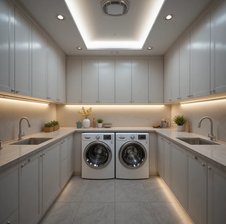 A modern laundry room illuminated with recessed ceiling lights and soft under-cabinet