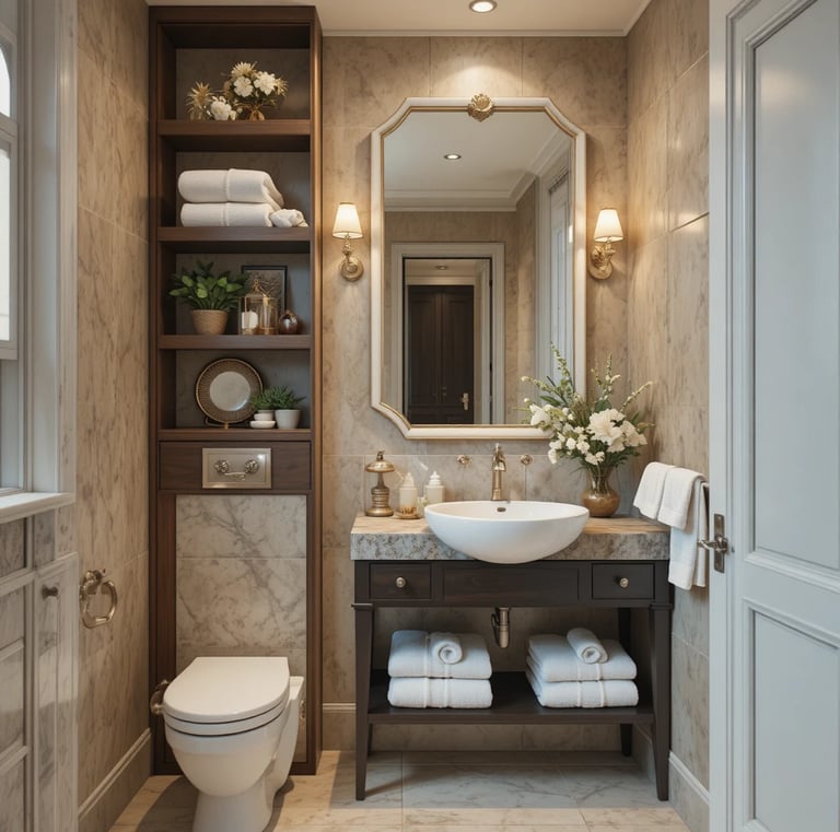 Stylish designer-curated tiny bathroom setup, focus on vertical storage shelves, floating shelves wi