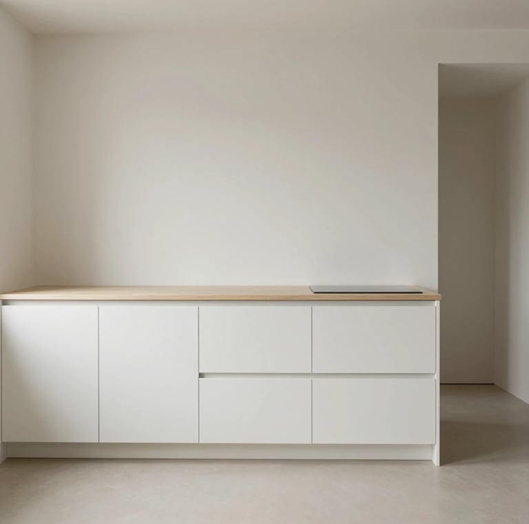 Minimal small kitchen with clean countertops, neutral tones, white and beige palette, simple layout,