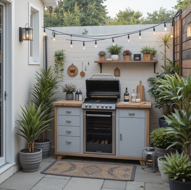 A compact outdoor kitchen setup in a small patio space, featuring a portable grill, small wooden pre
