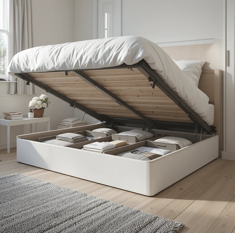 A modern small bedroom with a low bed frame slightly lifted to reveal neatly organized under-bed sto