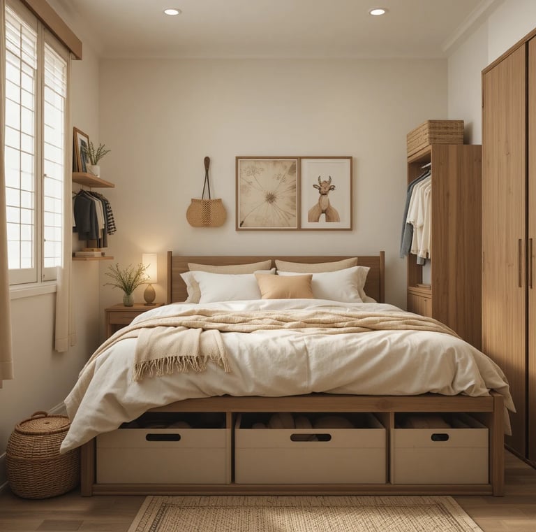 A well-organized small bedroom featuring under-bed storage boxes