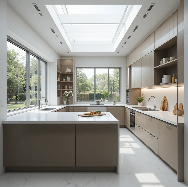 A sleek and airy L-shaped kitchen featuring a minimalist aesthetic