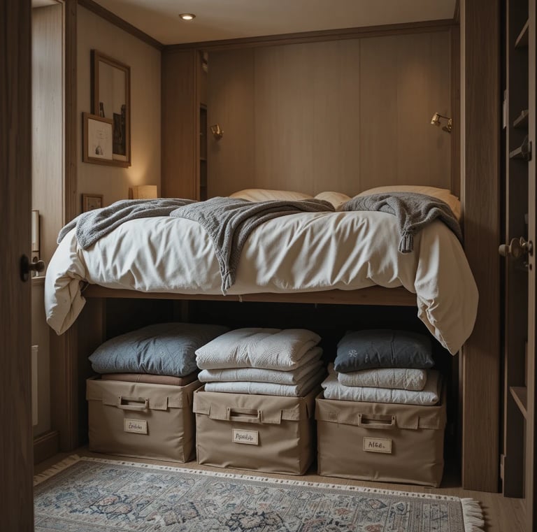 Small bedroom with bed lifted slightly showing organized storage boxes underneath, neatly arranged b