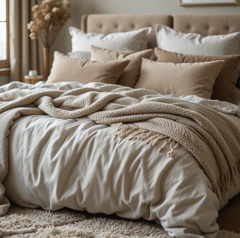 A close-up of a cozy bed featuring layered linen bedding