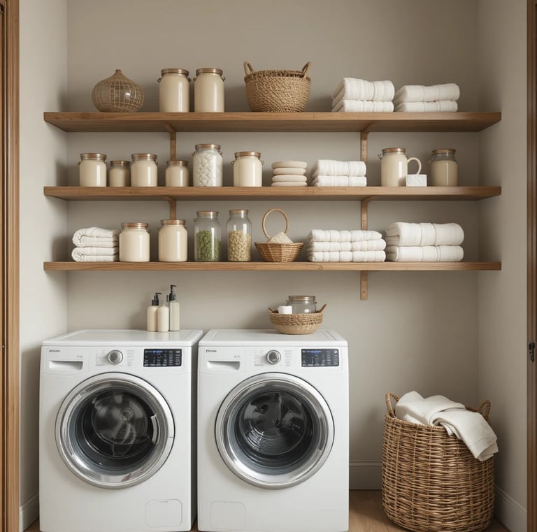 A stylish laundry room with floating wooden shelves, neatly arranged neutral storage jars