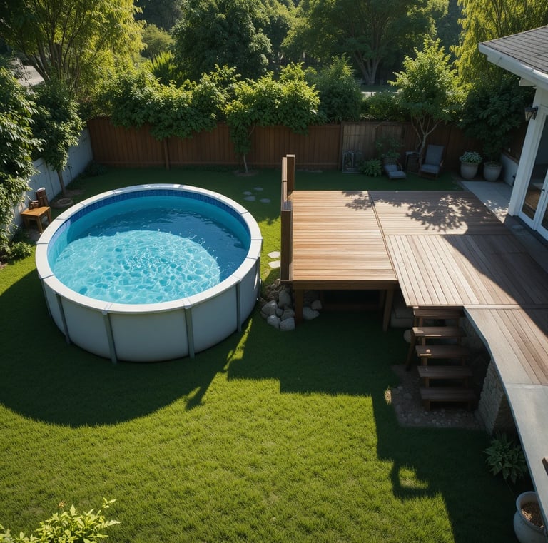 A cinematic backyard scene showing an above ground pool in a simple, basic setup on one side and a p