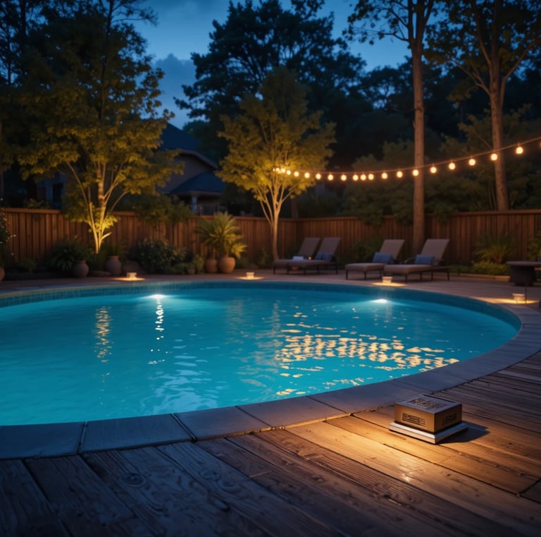 Evening backyard scene around an above ground pool with soft glowing solar deck lights installed alo