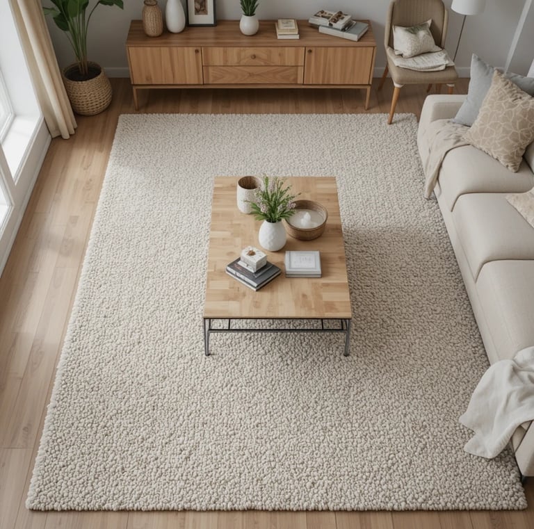 Textured neutral area rug under a coffee table in a small living room, layered decor, soft tones, co