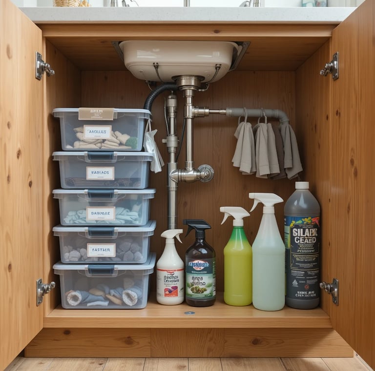 An under-the-kitchen-sink cabinet organized with labeled bins