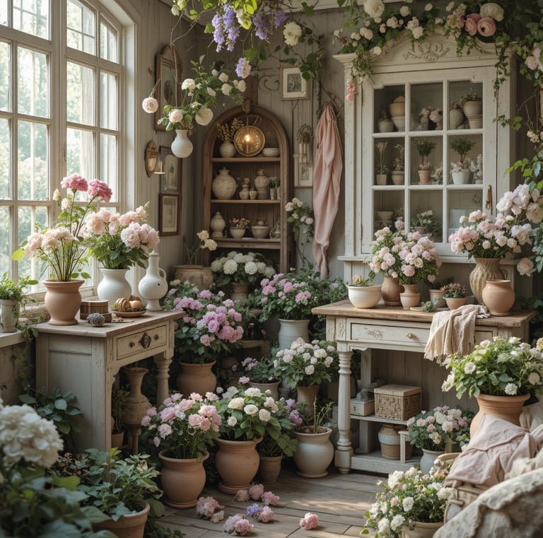 Romantic shabby chic garden corner filled with distressed clay pots, antique decor pieces, lace fabr