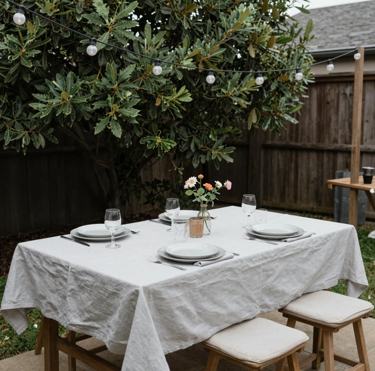 Step-by-step styled backyard setup in progress, partially decorated table with folded linens