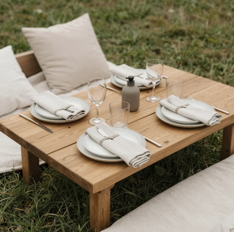 Aesthetic boho picnic setup on grass with a low wooden table styled with neutral ceramic plates