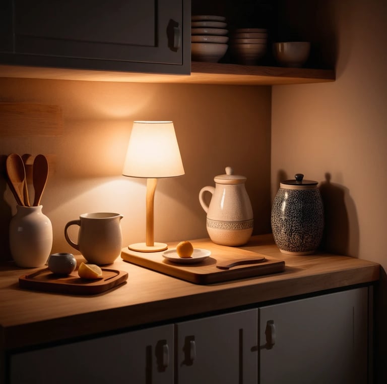 Small kitchen counter at night with a glowing mini table lamp,