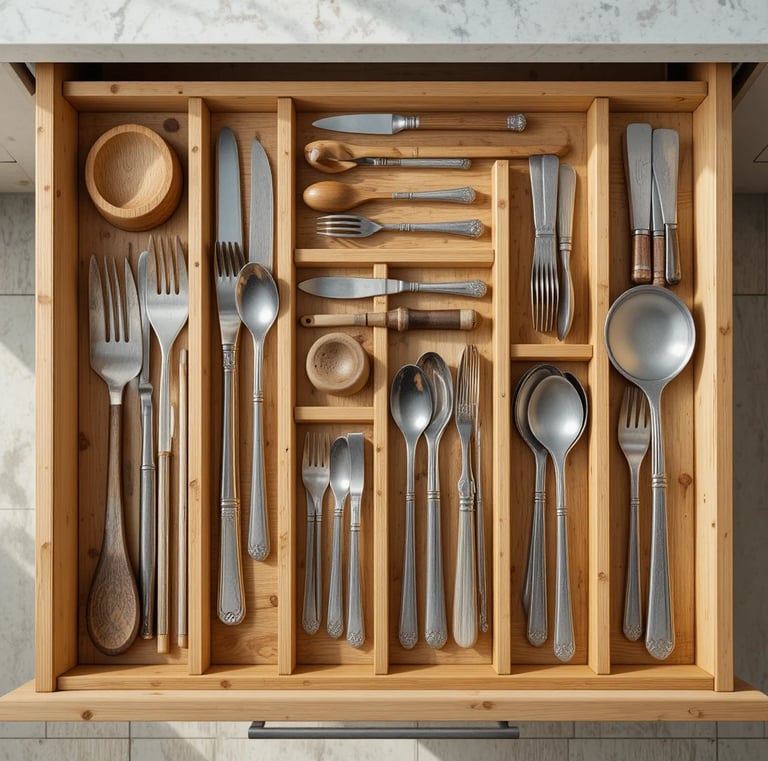 A top-down view of a perfectly organized kitchen drawer with bamboo dividers