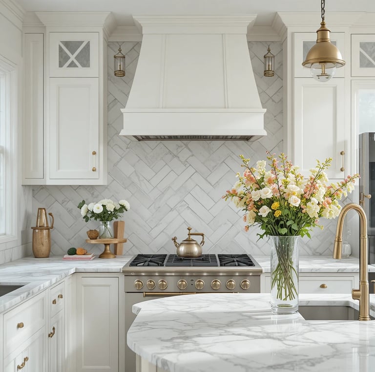 A stylish farmhouse kitchen with a white subway tile backsplash arranged in a herringbone pattern