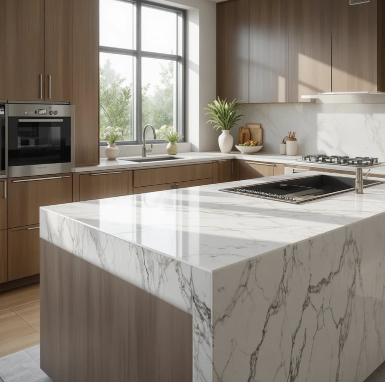 A minimalist kitchen with a sleek quartz countertop featuring a waterfall edge design
