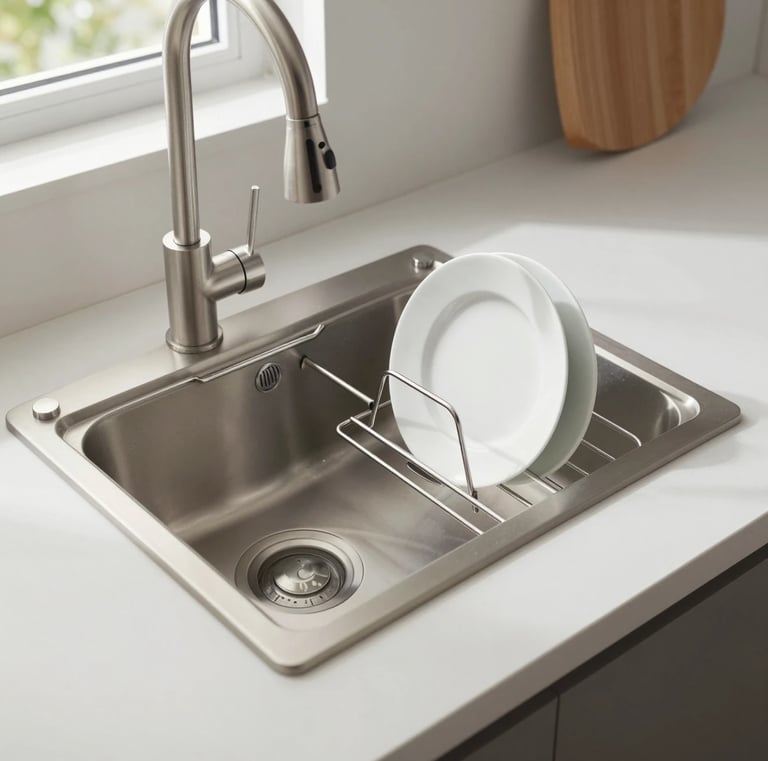 Modern small kitchen sink with roll-up drying rack in use, minimal clutter, clean dishes, neutral to
