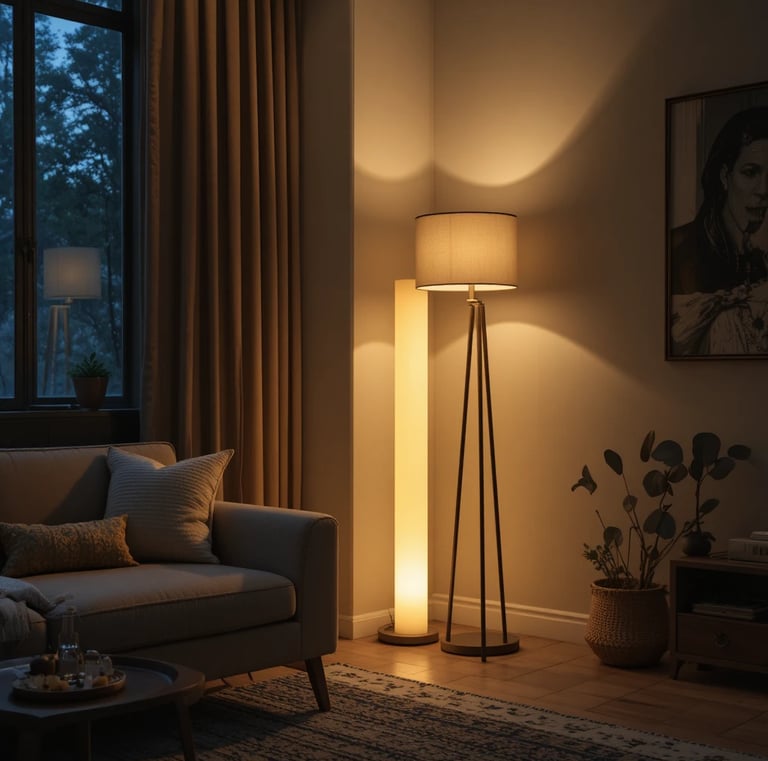 Modern floor lamp in a cozy living room corner, warm ambient glow, soft shadows, neutral decor, even
