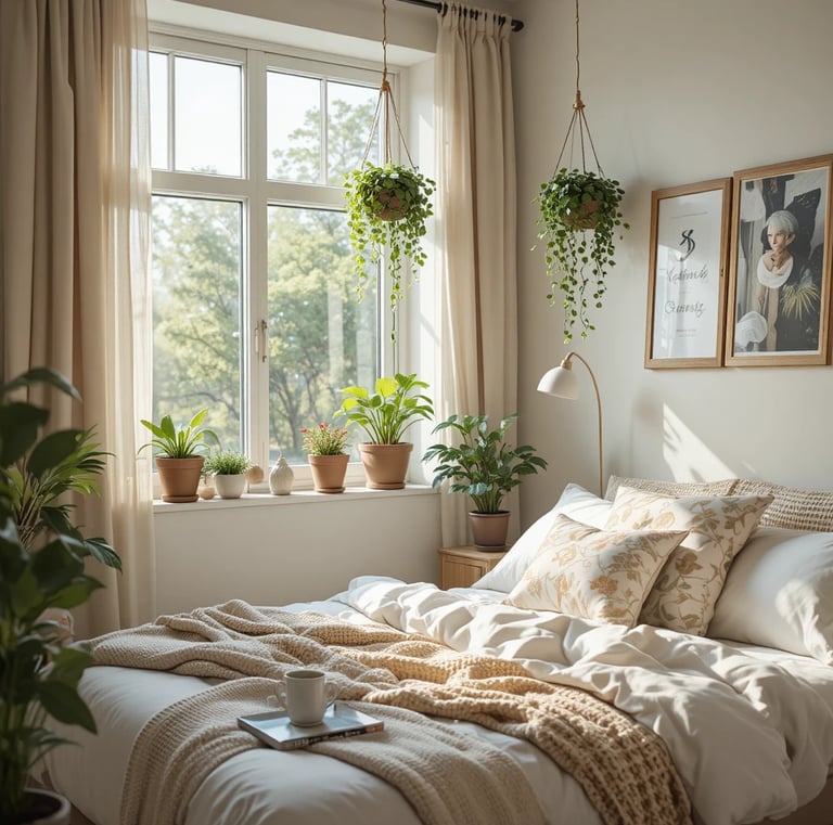 A small cozy bedroom with indoor plants, hanging plants near the window,