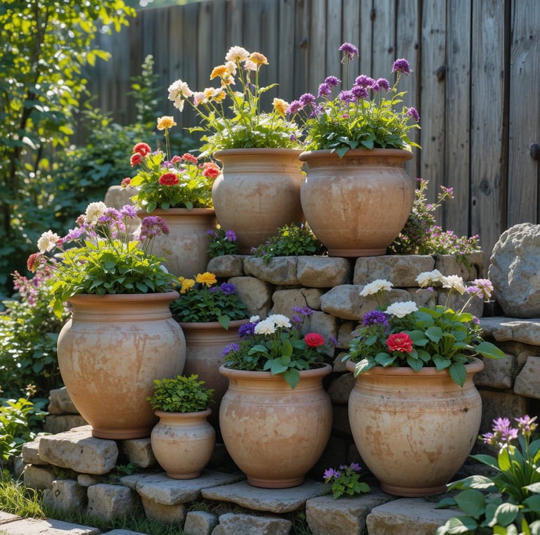 Designer-style garden composition with multiple distressed clay pots in different sizes arranged in 