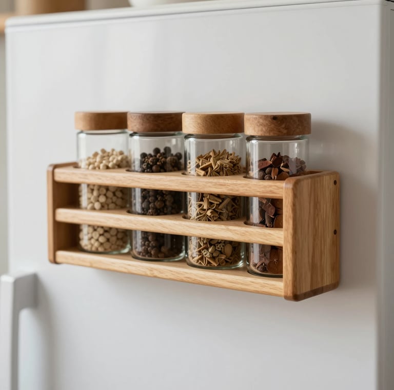 Close-up of magnetic wooden spice rack attached to fridge, neatly arranged spice jars