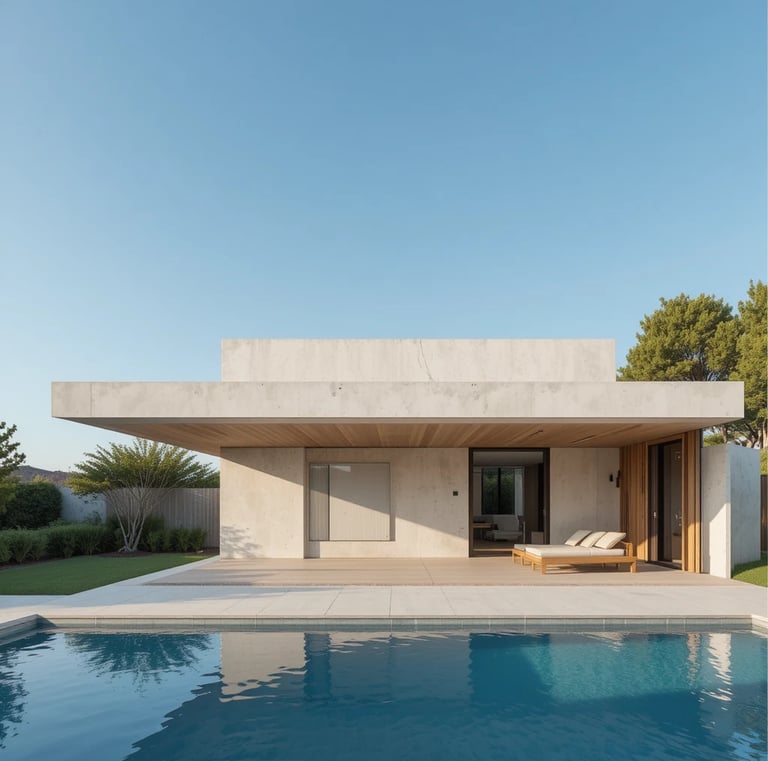 A modern pool house with a minimalist aesthetic