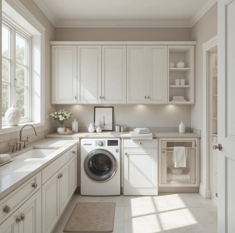 A modern laundry room with a soft neutral color palette, featuring white cabinets