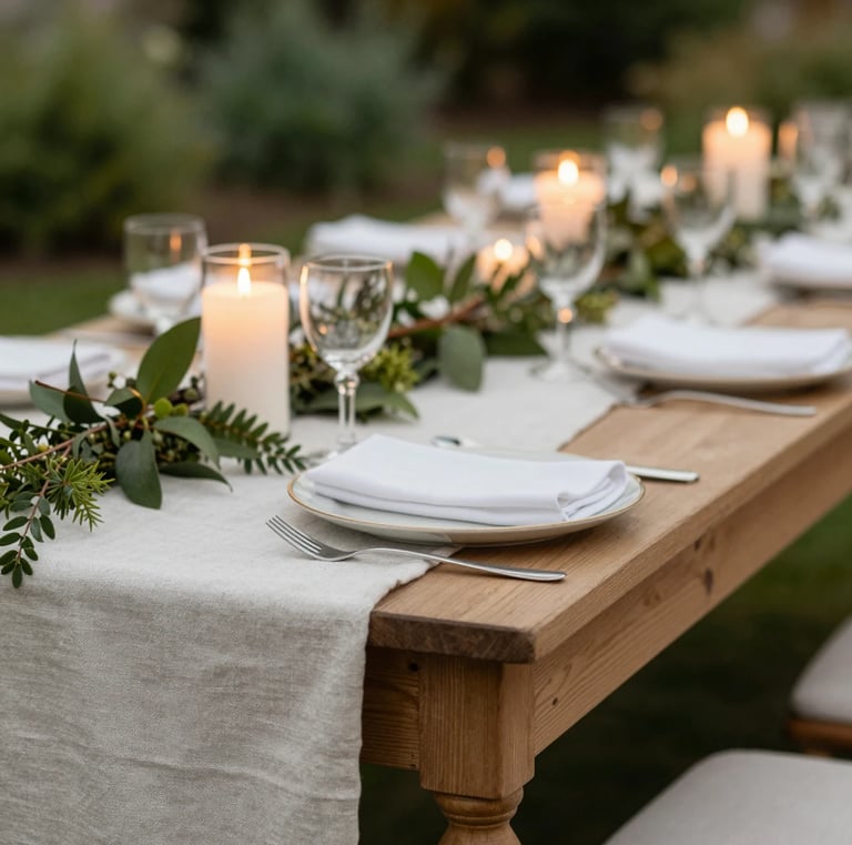 Layered outdoor garden party scene showing textures like linen tablecloth, wooden table