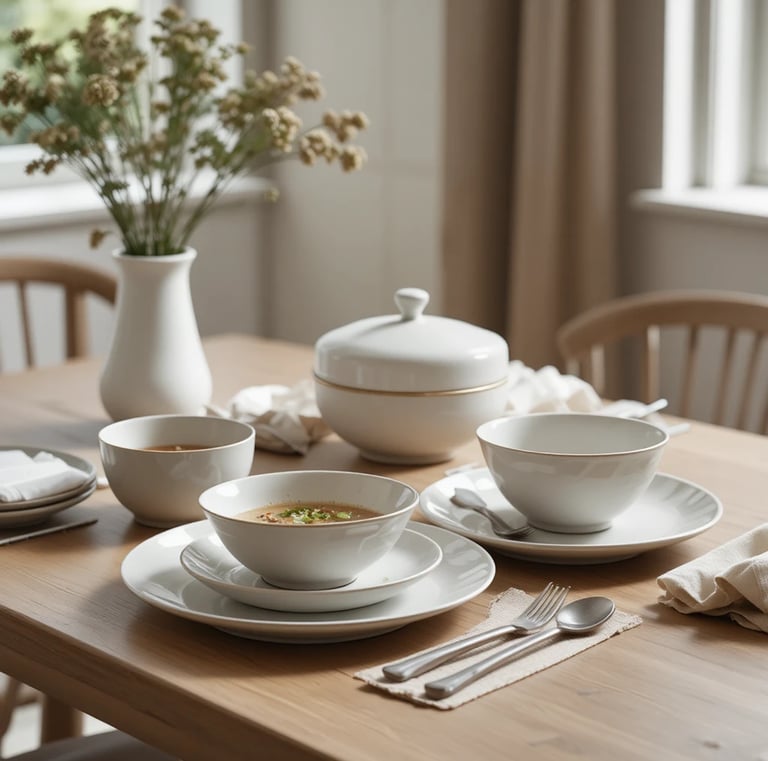 Elegant ceramic dinnerware set on cozy dining table, matte neutral tones, soft natural lighting