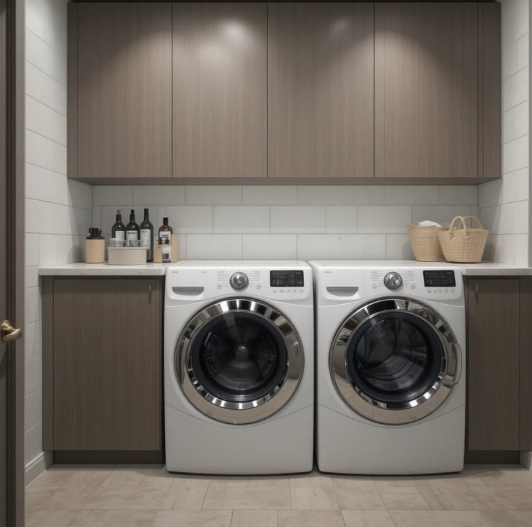 A sleek laundry room featuring front-load washer and dryer in white and stainless steel