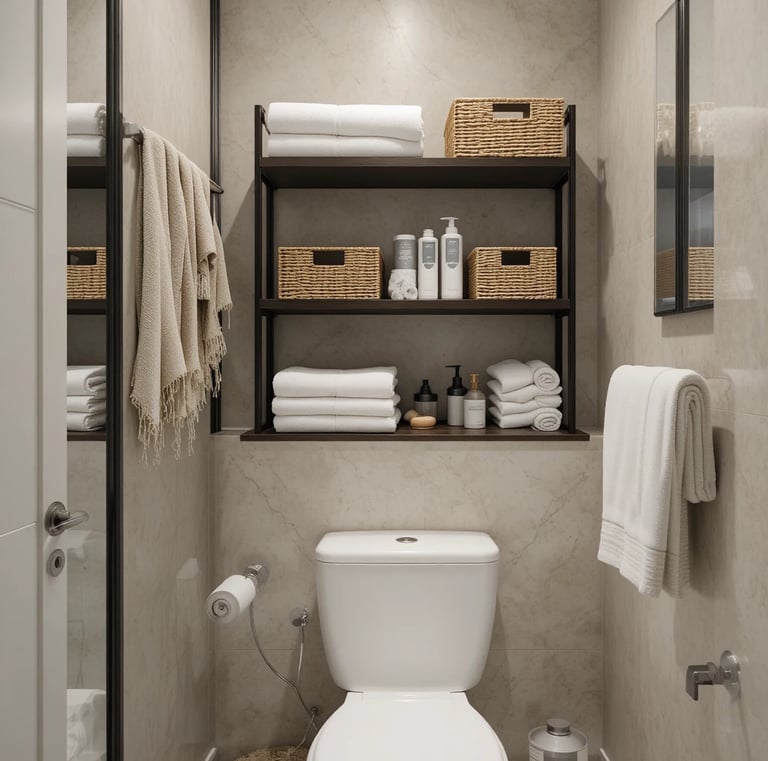 Compact bathroom with over-the-toilet shelving unit, perfectly organized towels, baskets,