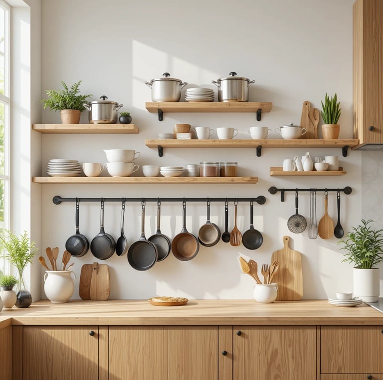 A stylish kitchen featuring vertical storage solutions such as floating wooden shelves