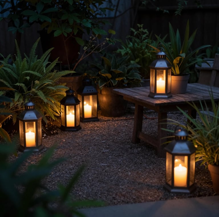 Cozy garden evening scene with multiple outdoor lanterns placed on the ground and table