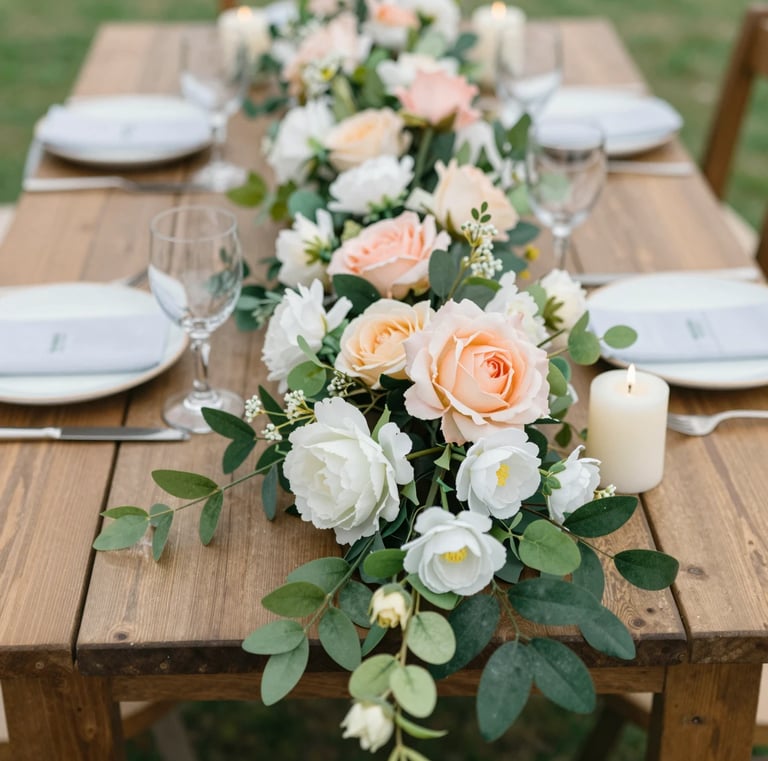Close-up of a rustic wooden outdoor table decorated with a lush artificial flower garland used as a 