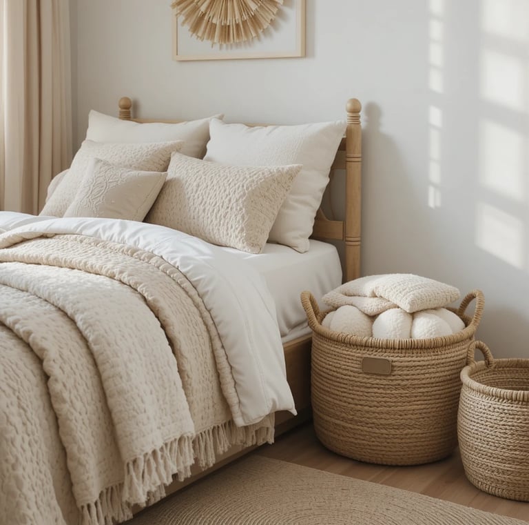 A stylish small bedroom corner with woven storage baskets placed beside a bed