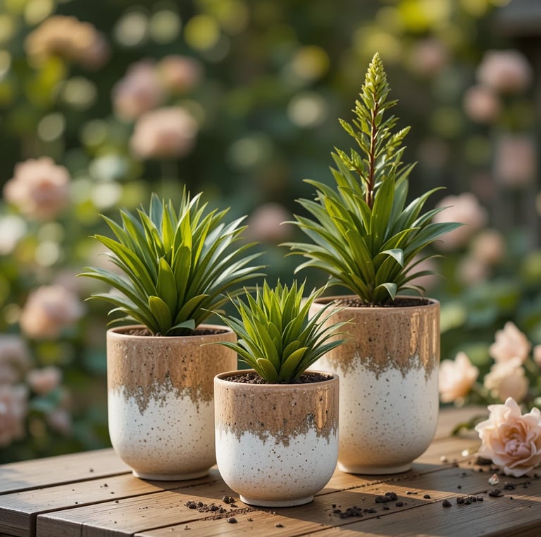 Stylish garden arrangement showing simple green plants elevated in elegant distressed clay pots