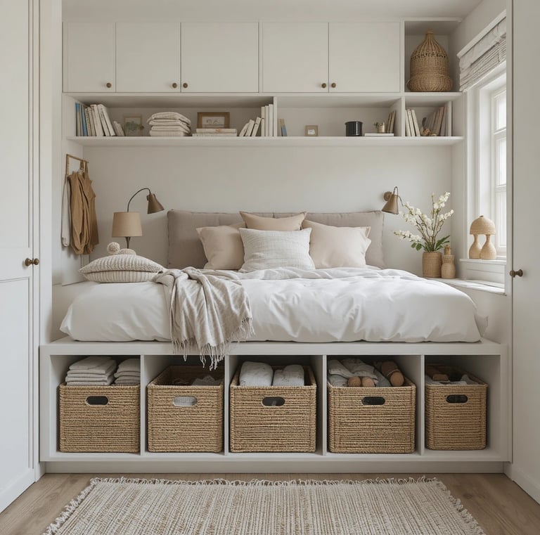 A tidy small bedroom with smart storage solutions, under-bed storage boxes