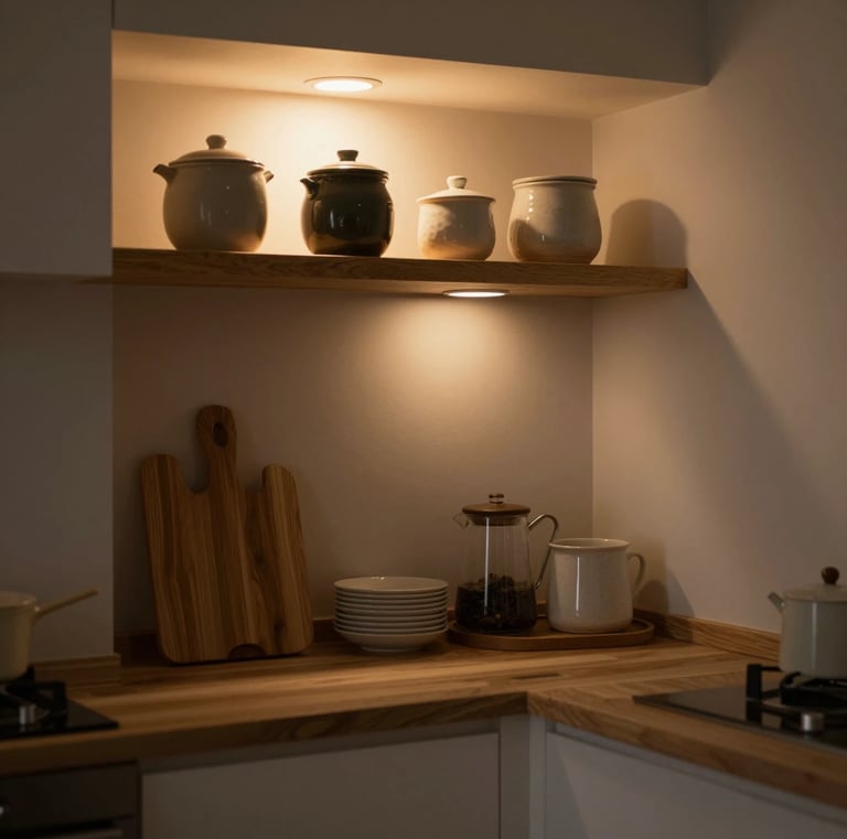 Intimate small kitchen corner with warm under-cabinet lighting, wooden shelves,