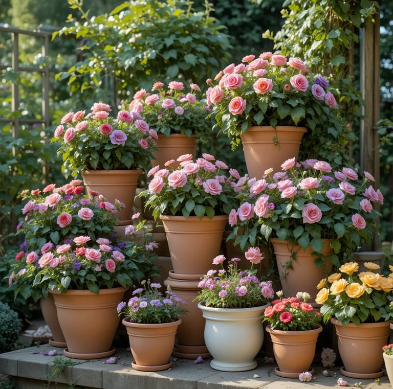 Beautiful layered flower pot arrangement in a vintage garden, mix of terracotta