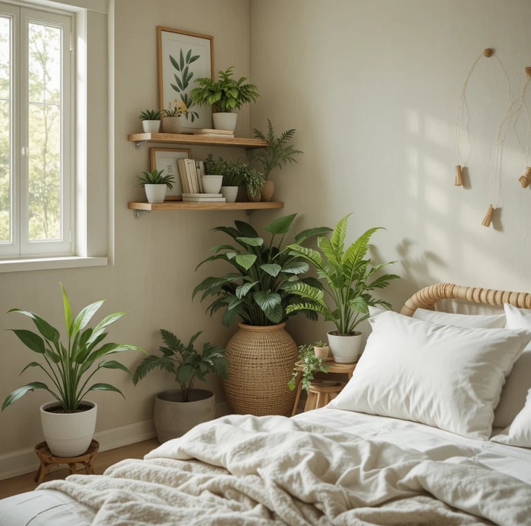 A cozy small bedroom corner styled with multiple faux plants placed on a wooden shelf and bedside ta