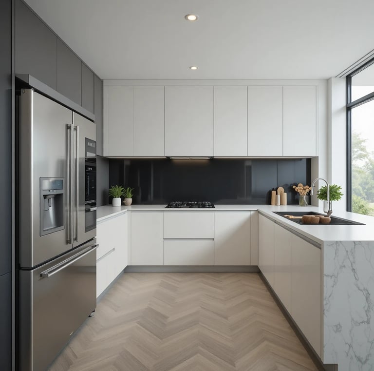 A sleek and modern kitchen with a predominantly neutral color scheme