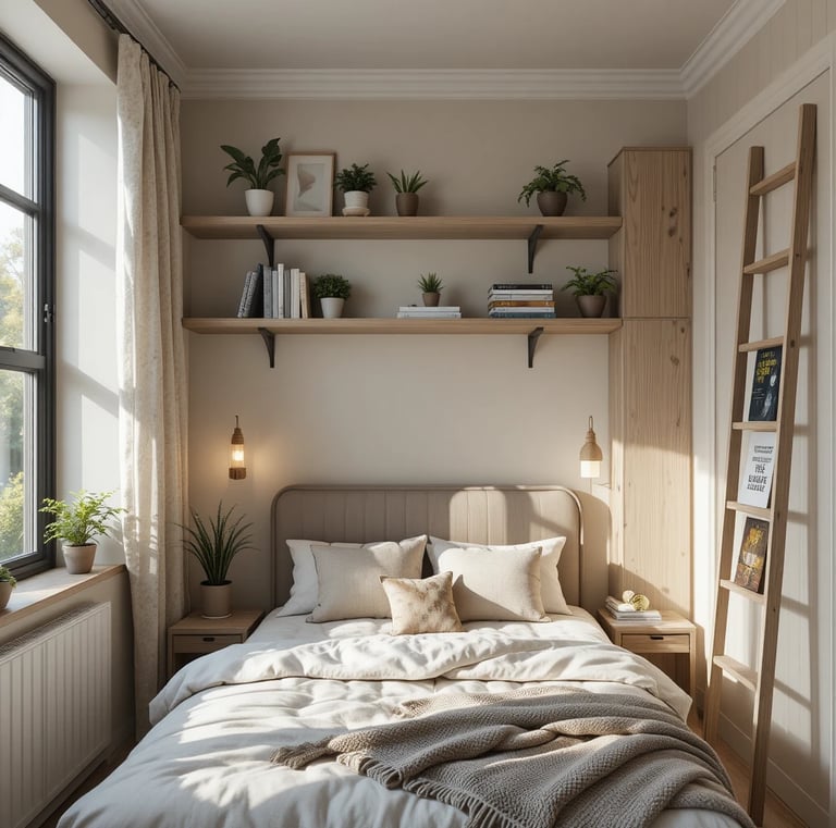 A stylish small bedroom utilizing vertical space with floating shelves above the bed