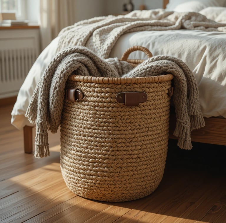 handwoven seagrass basket with leather handles sitting at the foot of a bed, a chunky knit throw bla