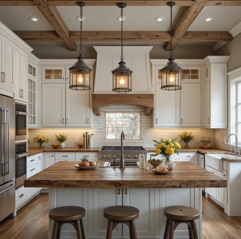 A cozy farmhouse kitchen illuminated by vintage-inspired black metal barn pendant lights hanging abo