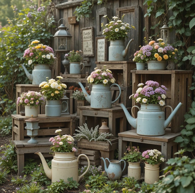 Creative vintage garden decor scene with repurposed items, old watering cans used as planters