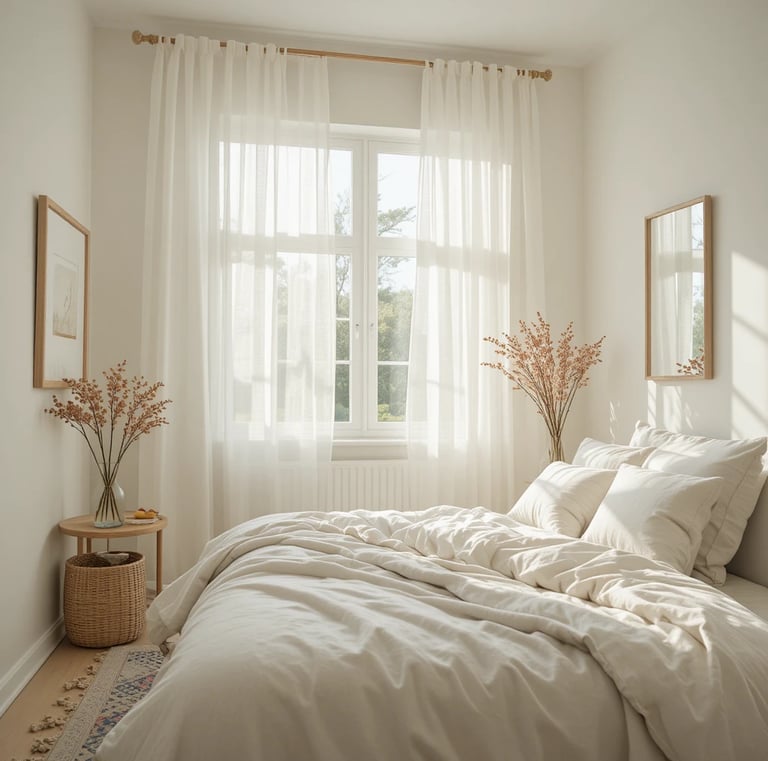 A bright small bedroom filled with natural sunlight streaming through sheer white curtains.