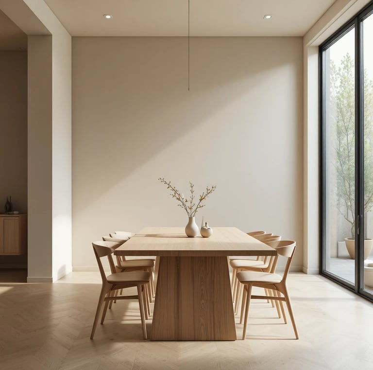 Minimal dining room with natural wooden table, neutral beige walls, simple chairs, clean uncluttered
