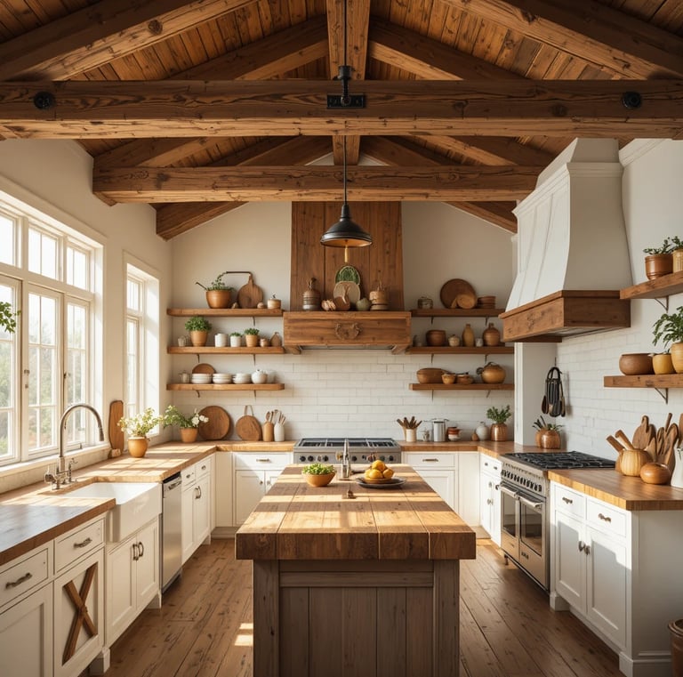 A warm farmhouse kitchen showcasing exposed reclaimed wood ceiling beams