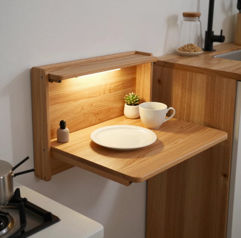 Tiny kitchen with foldable wooden wall-mounted table open, styled with a plate, cup, and small decor